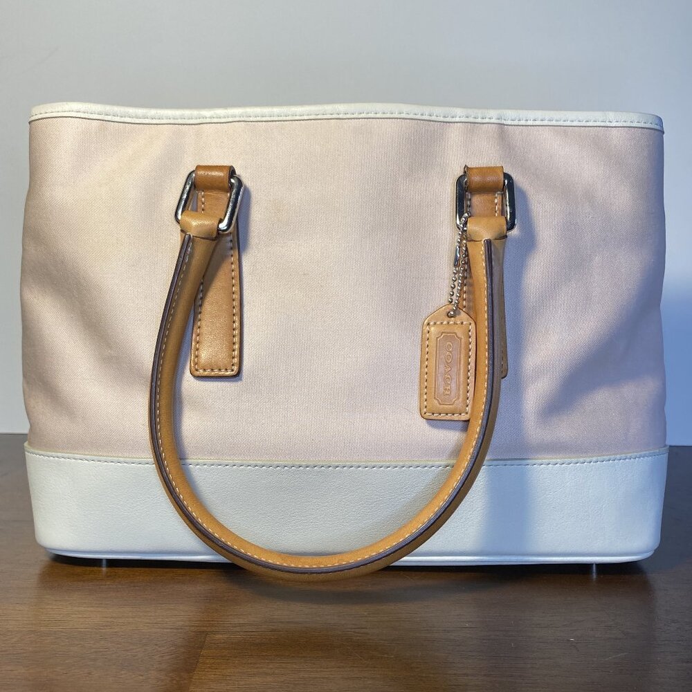 Coach Hampton Carryall Tote 7771 Pink Green Canvas White Leather Y2k Vintage